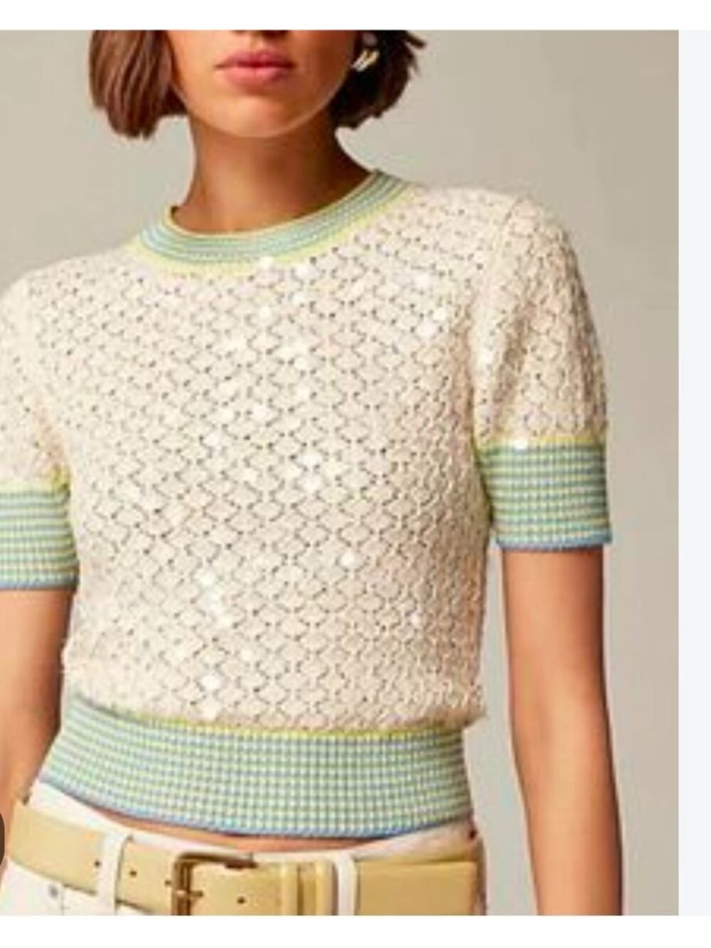 J.Crew Sequin Pointelle Sweater Short Sleeve Cream Beige sz S women